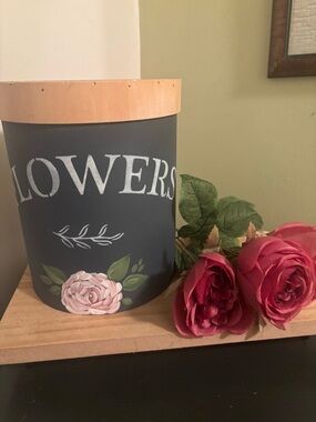 Rustic Hand-Painted Floral "Flowers" Storage Tin with Wood Lid